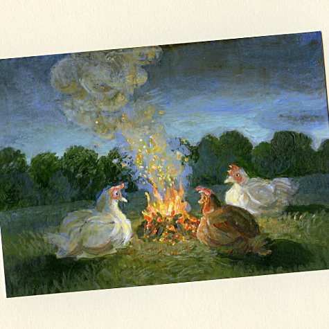 Hens Around a Campfire Postcard by Michael Sowa from The Fat Finch Boutique for Bird Lovers