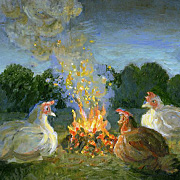 Michael Sowa Postcard, Hens Around a Campfire | Fat Finch Boutique for Bird Lovers