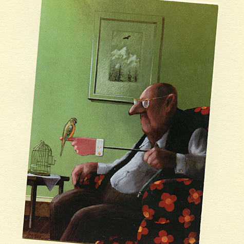 Man with Parakeet Postcard by Gerhard Gluck from The Fat Finch Boutique for Bird Lovers