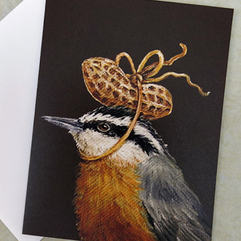 Vicki Sawyer Nuthatch with Peanut Hat Get Well Notecard from The Fat Finch Boutique for Bird Lovers