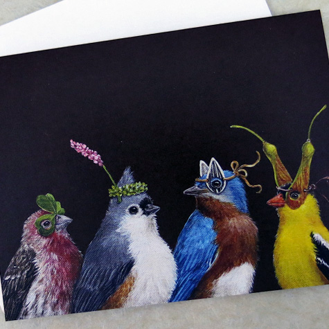 Vicki Sawyer Birds Wearing Hats Happy Birthday Notecard from The Fat Finch Boutique for Bird Lovers