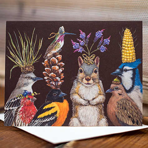 Vicki Sawyer Squirrel and Friends Happy Birthday Notecard from The Fat Finch Boutique for Bird Lovers