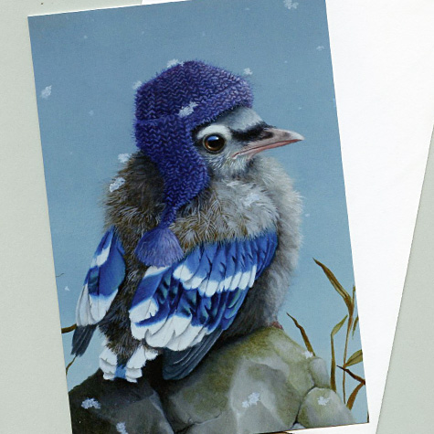 Baby Jay Wearing Winter Hat Cards by Suzan Visser from The Fat Finch Boutique for Bird Lovers