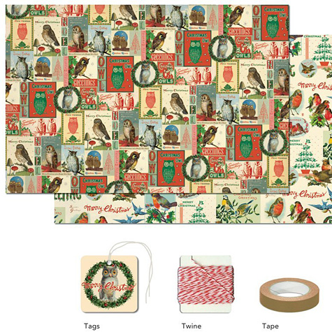 The Fat Finch Boutique for Bird Lovers | Cavallini and Company Holiday Owls Christmas Gift Wrap Pack
