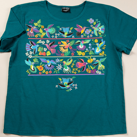 The Fat Finch Boutique for Bird Lovers | Hummingbird Huipil on Teal T-shirt by Sabaku