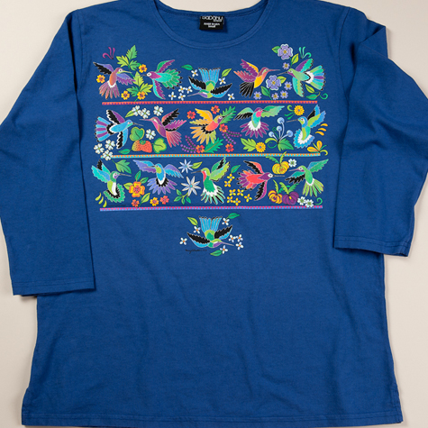 The Fat Finch Boutique for Bird Lovers | Hummingbird Huipil on Royal Blue T-shirt by Sabaku