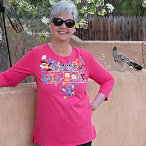 The Fat Finch Boutique for Bird Lovers | Southwestern Birds Desert Poppy Dark Coral Huipil T-shirt by Sabaku