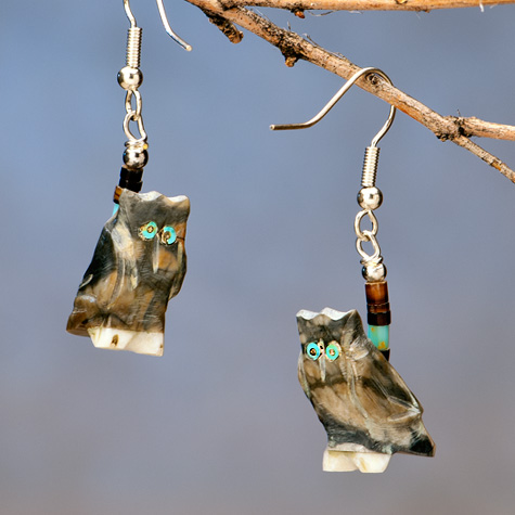 Owls Hand-Carved Picasso Marble Fetish Earrings by Matt Mitchell