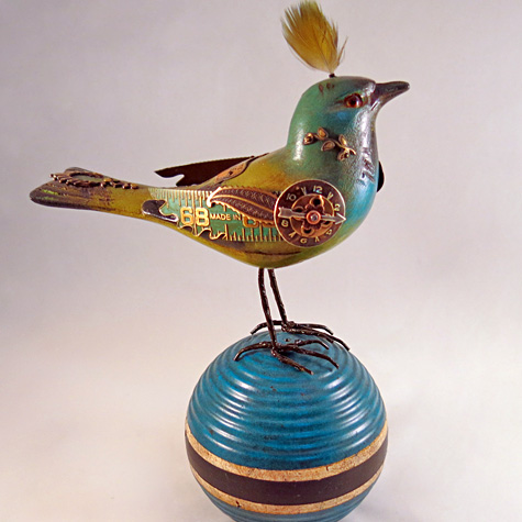 Mullanium Sculpture: Blue and Green Bird on Croquet Ball from The Fat Finch Boutique for Bird Lovers