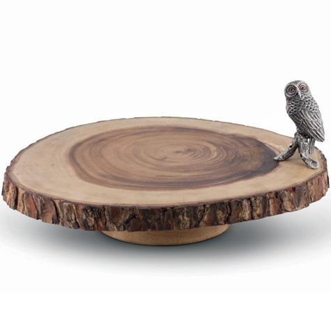 The Fat Finch Boutique for Bird Lovers | Pewter Owl and Acacia Wood Cheese Board Stand