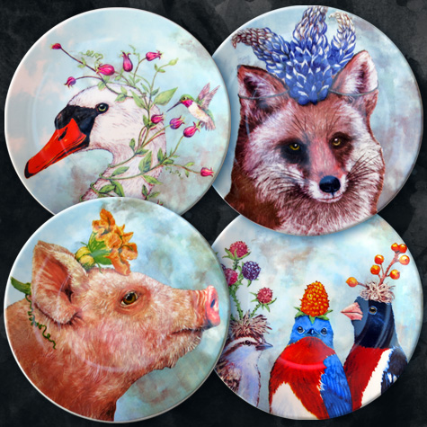 Wild and Wooly Set of 4 China Dessert Plates by Vicki Sawyer from The Fat Finch Boutique for Bird Lovers