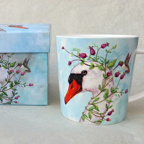 Swan and Hummingbird Porcelain Mug and Gift Box by Vicki Sawyer from The Fat Finch Boutique for Bird Lovers