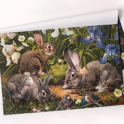 Garden Rabbits and Birds Paper Placemats by Yana Movchan from The Fat Finch Boutique for Bird Lovers
