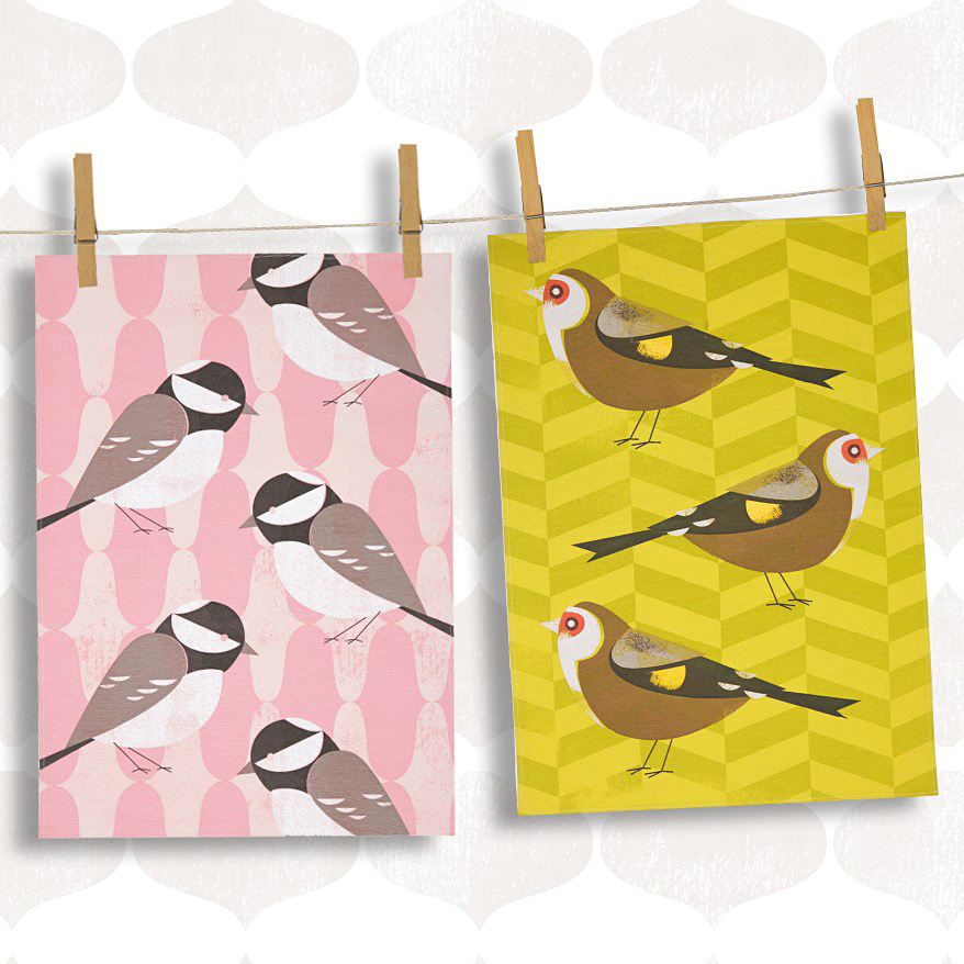 Chirpy Coal Tits and Goldfinches Tea Towels from The Fat Finch Boutique for Bird Lovers