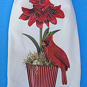 The Fat Finch Boutique for Bird Lovers | Cardinal on Red Amaryllis Kitchen Towel | Mary Lake Thompson