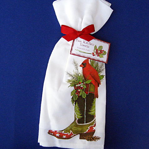 The Fat Finch Boutique for Bird Lovers | Cardinal on Cowboy Boot Flour Sack Towels by Mary Lake Thompson