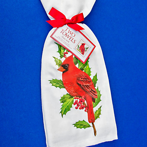 The Fat Finch Boutique for Bird Lovers | Cardinal on Holly Flour Sack Towels by Mary Lake Thompson